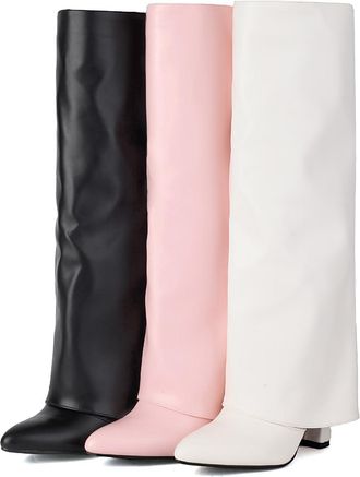 Generic Fold Over Long Boots for Women Knee High Boot Chunky High Heels Long Boots Womens Zipper Pointed Toe Dress Tall Boot Pink