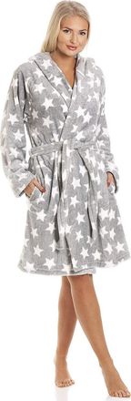 Camille Womens Super Soft Fleece Hooded Dressing Gown - White Star Knee Length Bathrobe - Long Sleeved, Belt Fastening and Side Pockets Grey 14-16