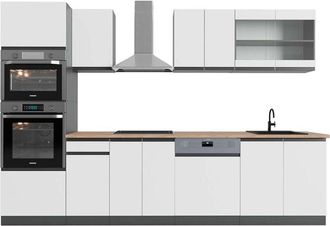 Vicco Mueble de cocina R-Line, Blanco/antracita, 300 cm con armario alto, et Roble