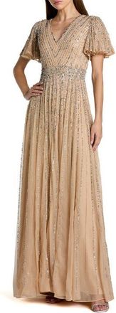 Mac Duggal Hand Embellished V-Neck Flutter Sleeve Gown in Nude Silver at Nordstrom, Size 14