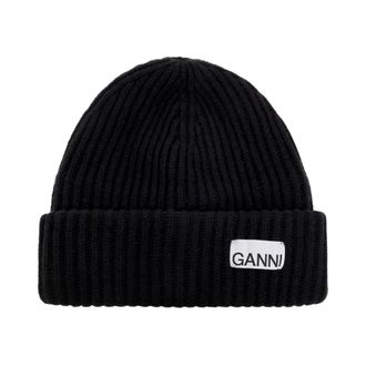 Ganni Oversized Rib Gebreide Muts - Dames - Hoeden - Zwart - ONE Size - Wol - Accessoires