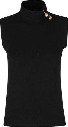 Alberta Ferretti Black Ribbed Trim Removable Jewel High Neck Wool-Blend Tank Top