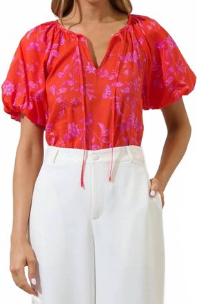 Sugarlips Fia Floral Overseas Balloon Sleeve Top In Red/ Pink