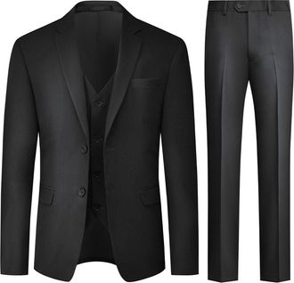AlltheMen Mens 3 Piece Stretch Business Suits 2 Button Classic Suit Blazer Waistcoat Trousers Black XXL