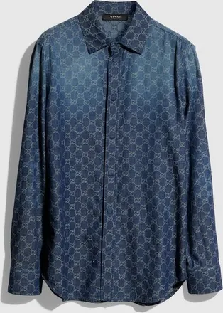Gucci GG Chambray Cotton Denim Shirt, Size 42 it, Blue