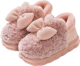 Generic GLDFW Cute Bow Womens Winter Warm Plush Closed-Heel Cotton Slippers Thick Sole Indoor Anti-Slip Cotton Shoes