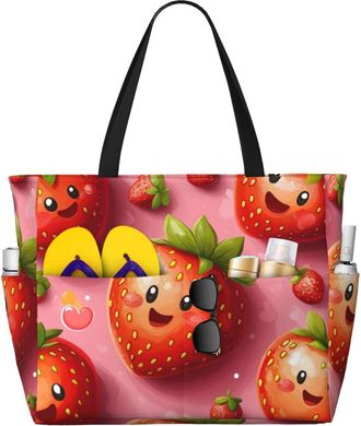 Generic Pink Cute Strawberry Print Large Beach Bag Foldable Travel Shoulder Tote Bag With Pocket For Weekender Pool Vacation