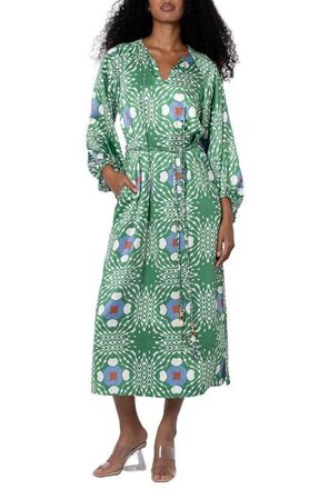 Ciebon Jardin Abstract Print Long Sleeve Satin Dress in Green Multi at Nordstrom, Size X-Large