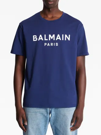 Balmain Mens Logo Print T-Shirt in Navy Cotton - Size Small