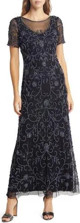 Pisarro Nights Floral Beaded Short Sleeve A-Line Gown in Black/Gunmetal at Nordstrom Rack, Size 2