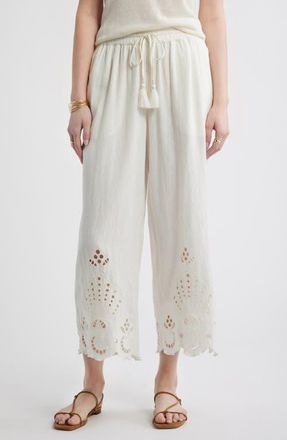 Treasure & Bond Cutwork Hem Linen Blend Pull-On Pants in Ivory Egret at Nordstrom, Size Xx-Small