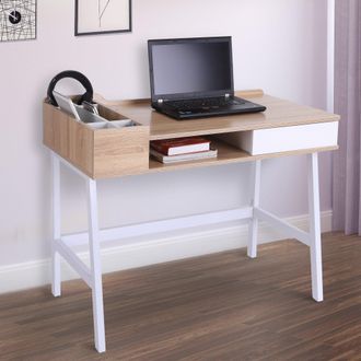 HOMCOM Computer Desk PC Workstation Laptop Table Storage Unit Metal Frame-Oak/White Colour - Home Living | TJ Hughes White
