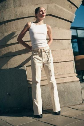 H&M Flared High Jeans in Light Beige at Nordstrom, Size 18