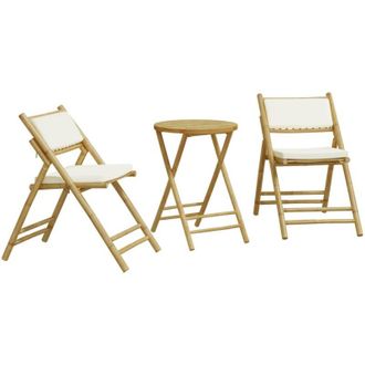 vidaXL Juego Bistr&oacute; Plegable De Bamb&uacute; 3 Pzas Con Cojines Blanco Crema Vidaxl
