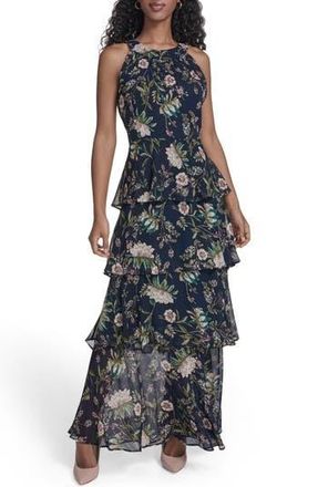 Tommy Hilfiger Floral Sleeveless Tiered Chiffon Maxi Dress in Sky Captain Multi at Nordstrom Rack, Size 4
