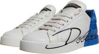 Dolce & Gabbana Womens White Blue Logo Portofino Sneakers Shoes And Calfskin Leather