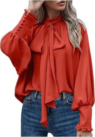 Generic Women Dressy Pullover Elegant Bow Tie Knot Mock Neck Top Ruffle Frill Lantern Sleeve Chiffon Shirts Ladies Office Work Longline Blouse Casual Loose-Fi