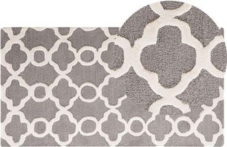 Beliani Beliani - Alfombra De Lana Gris 80 X 150 Cm Enrejado Patr&oacute;n Cuadrifolio Tr&eacute;bol Oriental Marroqu&iacute; Tejida A Mano Zile