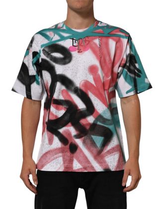 Dolce & Gabbana Mens White Graffiti Crew Neck Short Sleeves T-Shirt Cotton