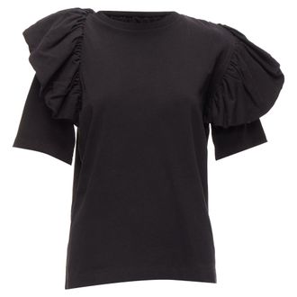 Dries Van Noten black cotton asymmetric ruffle half sleeve boxy top S
