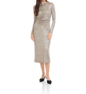 Fifteen Twenty Ruched Selena Midi Dress In Gold Dust