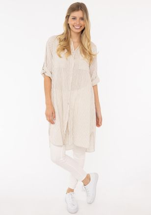 Zwillingsherz Longbluse ZWILLINGSHERZ Kida, Damen, beige (hellbeige), Web, Obermaterial: 100% Baumwolle, gestreift, comfort fit lang, V-Ausschnitt, Krempel&auml;rmel 1-K