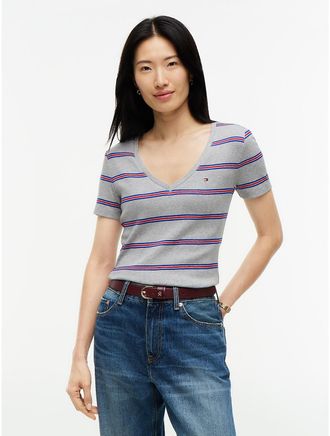 Tommy Hilfiger Womens Striped V-Neck Favorite T-Shirt - Grey Heather - XL