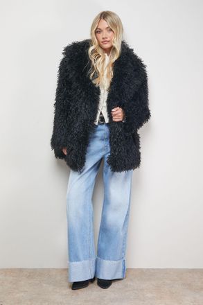 Oasis Womens Mongolian Faux Fur Short Coat - Black - Size Small