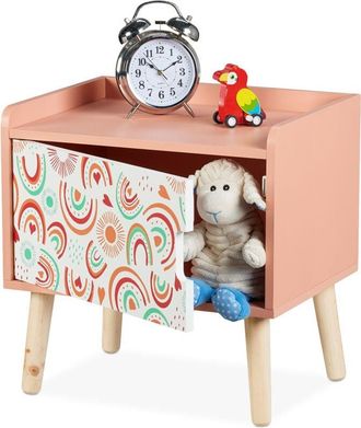 Relaxdays Relaxdays Childrens Bedside Table, Rainbow, Kids Nightstand with Cupboard, HWD 41x40x30 cm, Wood & MDF, White/Pink