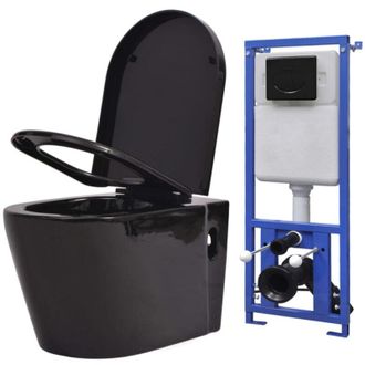 vidaXL Inodoro De Pared Con Cisterna Oculta Cer&aacute;mica Negro Vidaxl