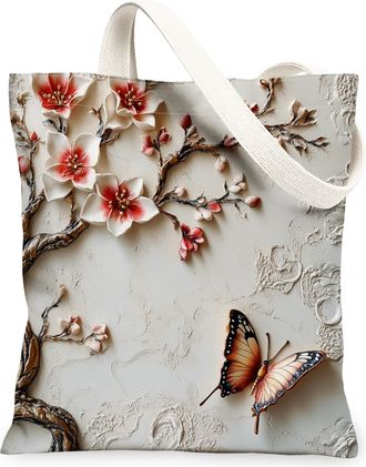 Generic Spring Relief Plum Bossoms Flower Canvas Tote Bag for Shopping 13x15, Fun Floral Reusable Grocery Print Pattern Bag for Women, Cool Butterflies Beach 