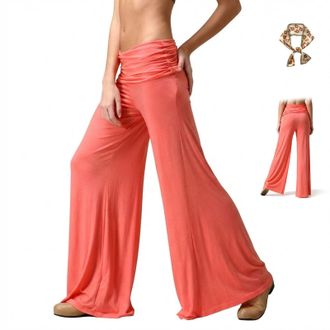 Generic Coral Fold Over Yoga Pants, Solid Wide Leg Loose Fit Lounge Pants, Ruched Waist for Yoga, Sports & Everyday Wear (S)