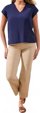 Tribal Mixed Media Soft Drape Cap Sleeve V-Neck Top In Nautical