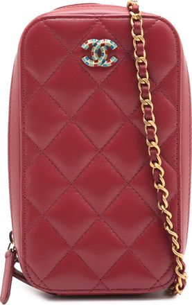 Chanel Pre-owned Womens Cc Quilted Lambskin Zip Phone Case - Dark Red Leather - One Size