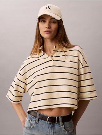 Calvin Klein Jeans Calvin Klein Womens Stripe Cropped Boxy Polo Shirt - Yellow - XL