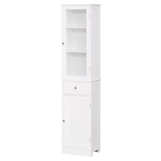 HOMCOM kleankin Bathroom Storage Cabinet with 3-tier Shelf Drawer Glass Door - Floor Cabinet Free Standing Tall Slim Side Organizer Shelves - White Multiple