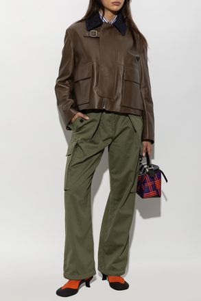 Loewe Leather Jacket With Corduroy Collar, Womens, Green