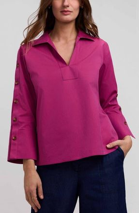 Foxcroft Lainey Button Accent Cotton Popover Top in Pomegranate Pink at Nordstrom, Size Large