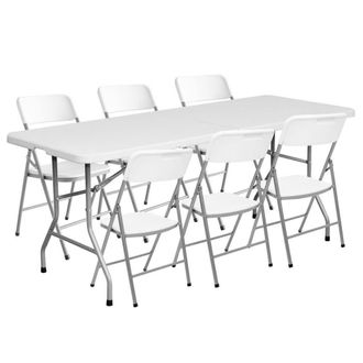 LOLAhome Conjunto de mesa rectangular y 6 sillas plegables de HDPE blanco