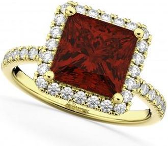 Allurez Princess Cut Halo Garnet & Diamond Engagement Ring 14K Yellow Gold 3.47ct