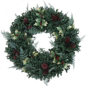 Hhg Corona Artificial Hhg-396, Corona Para Puerta, Corona Para Mesa, Decoraci&oacute;n Artificial &Oslash; 60 Cm, Verde Con Bayas Rojas