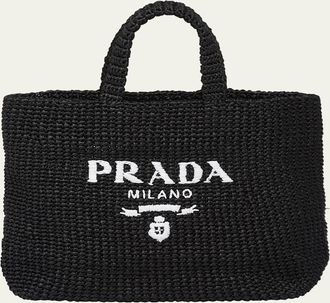 Prada Logo Striped Raffia Shoulder Bag
