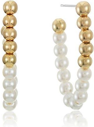 Ettika Metallic Beaded Faux Pearl Hoop Earrings in Gold at Nordstrom Rack