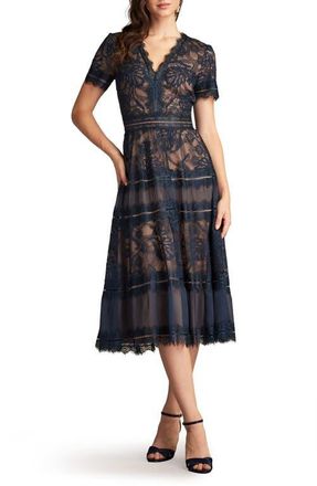 Tadashi Shoji Lace & Mesh Midi Cocktail Dress in Navy/Nude at Nordstrom, Size 12
