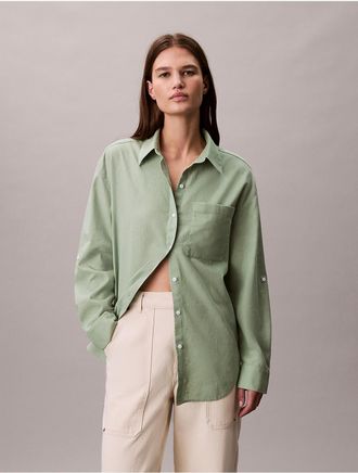 Calvin Klein Jeans Calvin Klein Womens Linen Cotton Roll Tab Button-Down Shirt - Green - XL