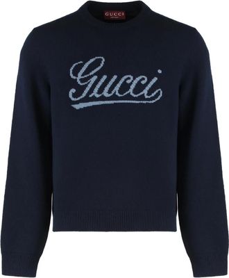 Gucci Round-neck Knitwear, male, Blue, Size: M Knit wool sweater with intarsia
