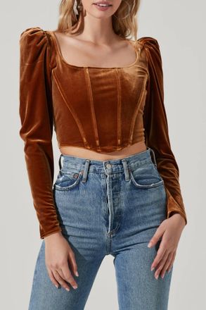 Astr Velvet Long-Sleeve Corset Top With Smocked Back In Brown