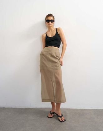 Topshop Gonna lunga a colonna in organza marrone visone con tasche