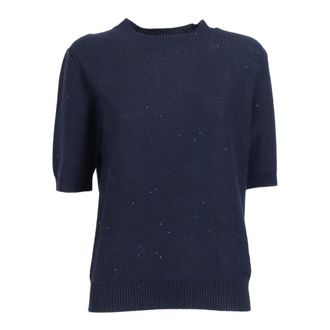 Fabiana Filippi Rondgebreide trui met korte mouwen en pailletten - Dames - Ronde hals truien - Blauw - S - Pailletten - Truien & Vesten