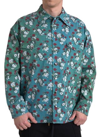 Dolce & Gabbana Blue Floral Cotton Button Down Denim Mens Shirt